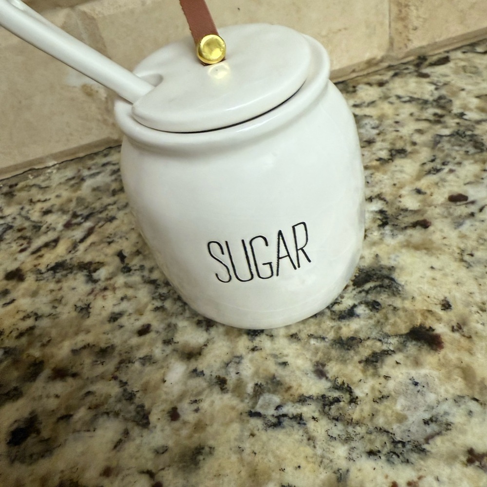 Pier 1 White Ceramic Spice Jar with Brown Leather Handle - Picture 3 of 3